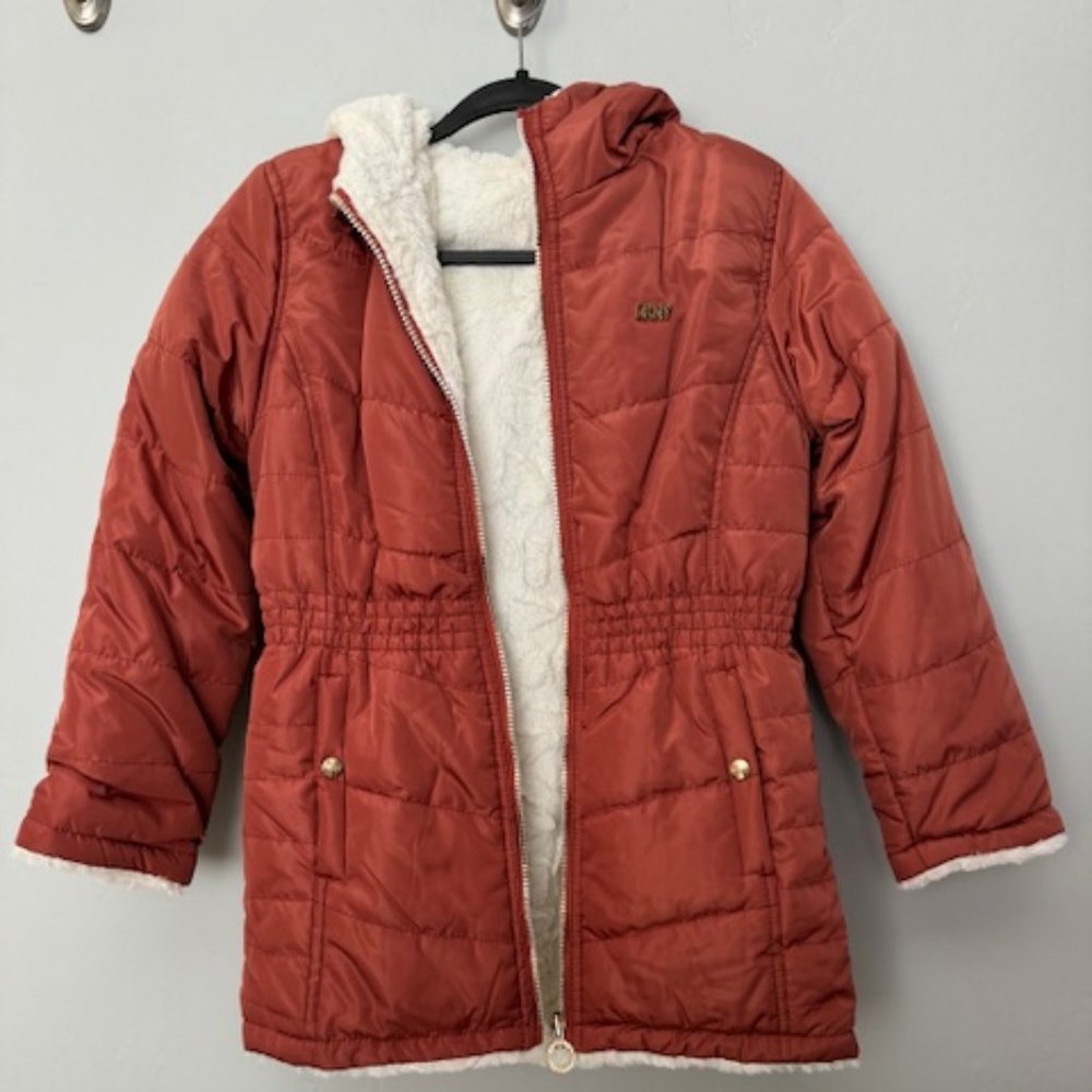 Donna Karan Girls Size L 14/16 Terracotta Reversible Coat White Faux Fur